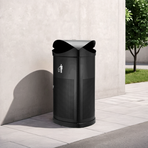 Modern Outdoor Steel Waste Bin 55L – Powder Coated Commercial Lobby Bin Black