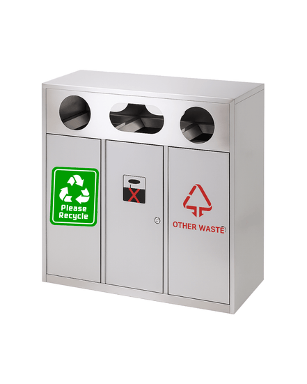 120L Stainless Steel 3 - Compartment Recycling Station (MAX - HB55) – Brushed Finish, Indoor/Outdoor Waste Sorting Bin - MaxBin