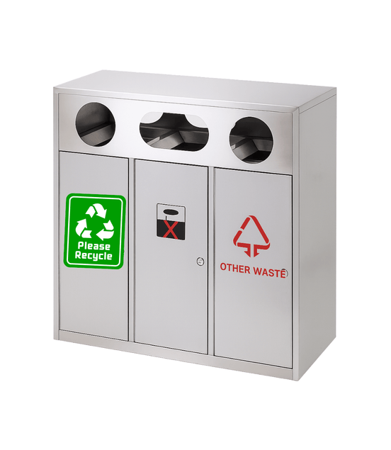 120L Stainless Steel 3 - Compartment Recycling Station (MAX - HB55) – Brushed Finish, Indoor/Outdoor Waste Sorting Bin - MaxBin
