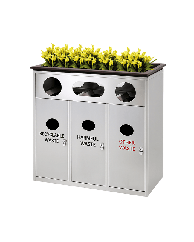 120L Stainless Steel 3 - Compartment Recycling Station (MAX - HB55) – Brushed Finish, Indoor/Outdoor Waste Sorting Bin - MaxBin