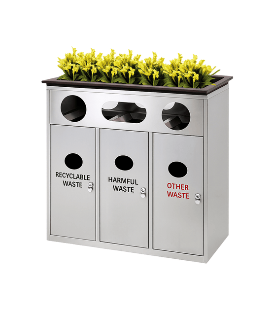 120L Stainless Steel 3 - Compartment Recycling Station (MAX - HB55) – Brushed Finish, Indoor/Outdoor Waste Sorting Bin - MaxBin