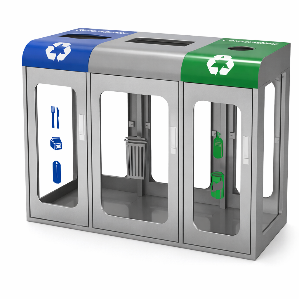3-Compartment Indoor Recycling / Trash Bin – Steel & Acrylic (1010×350×760mm)