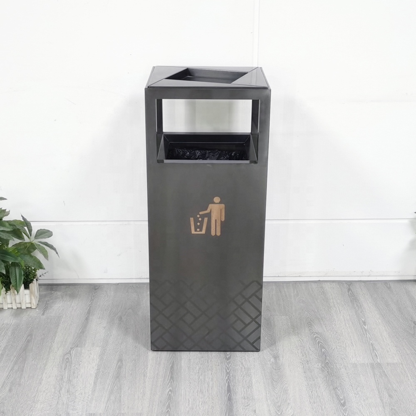 18 Gallon Commercial Stainless Steel Trash Bin | Modern Open-Top Lobby Waste Bin (Black)