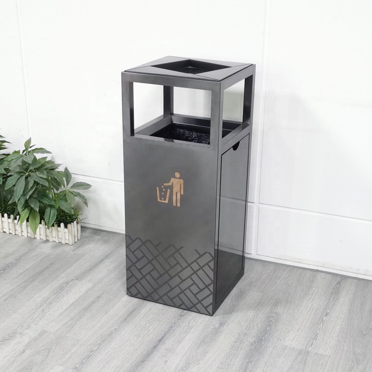 18 Gallon Commercial Stainless Steel Trash Bin | Modern Open-Top Lobby Waste Bin (Black)
