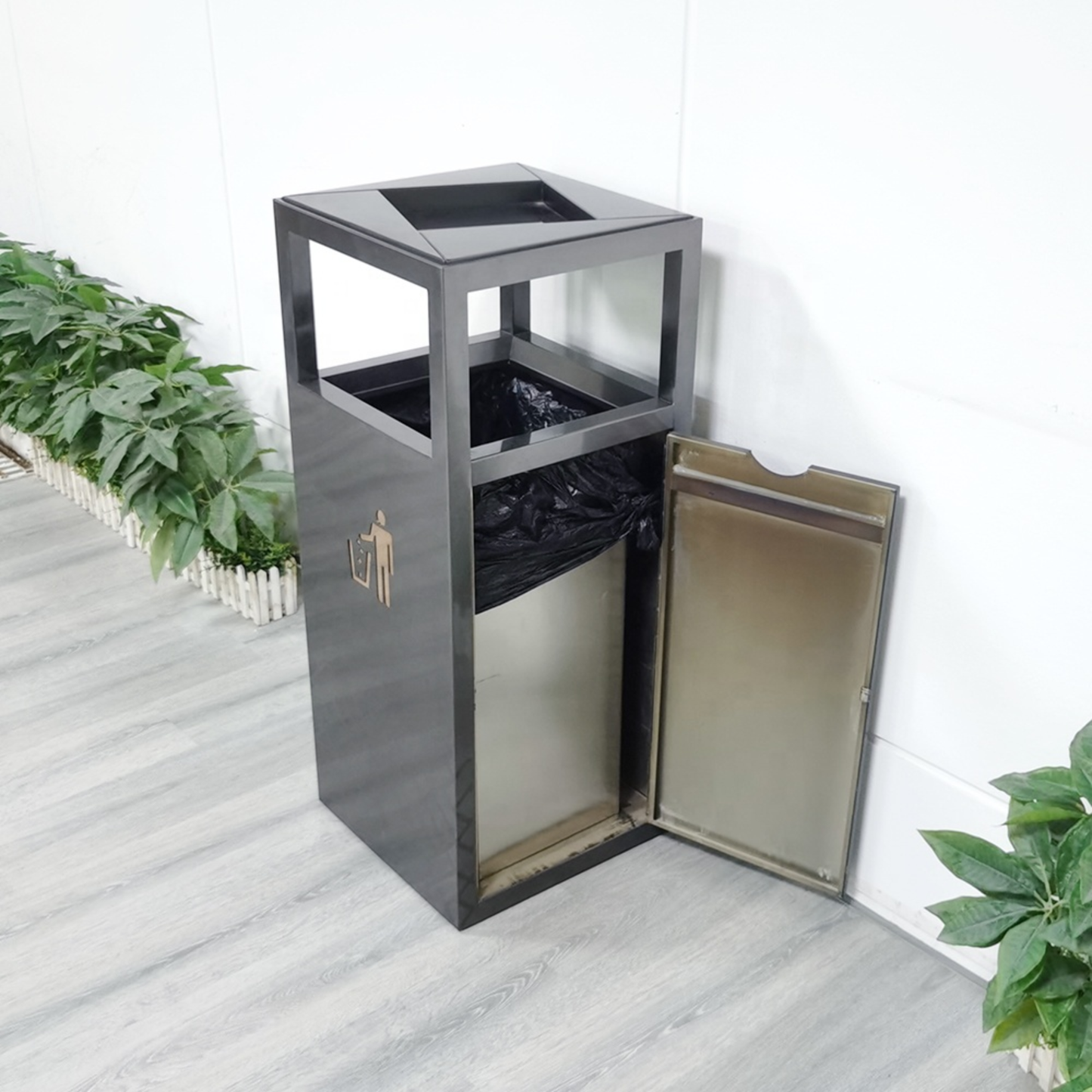 18 Gallon Commercial Stainless Steel Trash Bin | Modern Open-Top Lobby Waste Bin (Black)