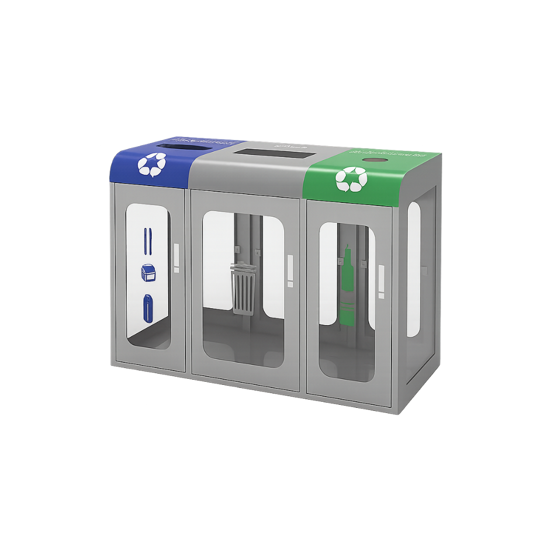 3-Compartment Indoor Recycling / Trash Bin – Steel & Acrylic (1010×350×760mm)