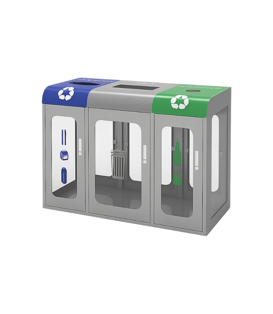 3-Compartment Indoor Recycling / Trash Bin – Steel & Acrylic (1010×350×760mm)