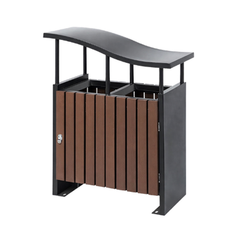 compare product 68L Outdoor Double Recycling Bin – Commercial Wood Slat Park Trash Can with Roof (DA-200J)