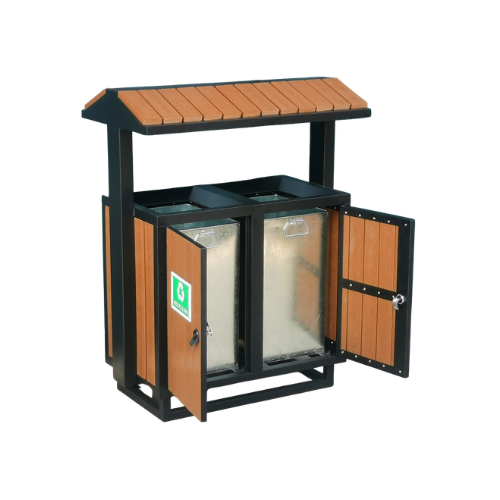 Outdoor Dual Compartment Recycling Bin 62L – Commercial Steel & Wood Park Waste Bin with Roof Cover