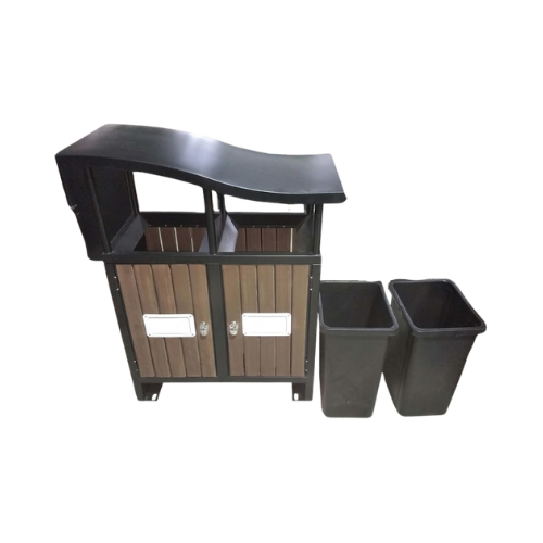 68L Outdoor Double Recycling Bin – Commercial Wood Slat Park Trash Can with Roof (DA-200J)
