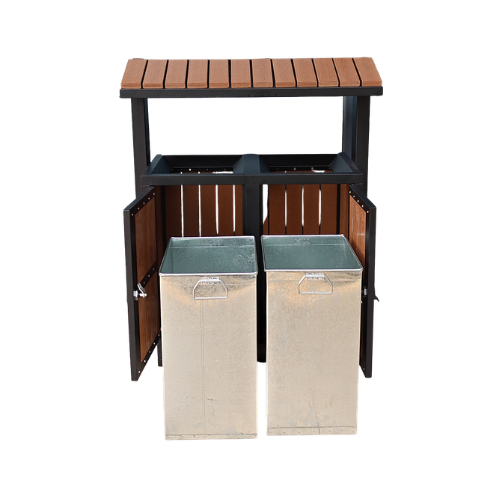 Outdoor Dual Compartment Recycling Bin 62L – Commercial Steel & Wood Park Waste Bin with Roof Cover