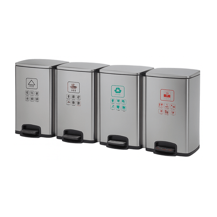 Commercial 4 - Compartment 80 - Litre Stainless Steel Pedal Waste Separation Bin - MaxBin