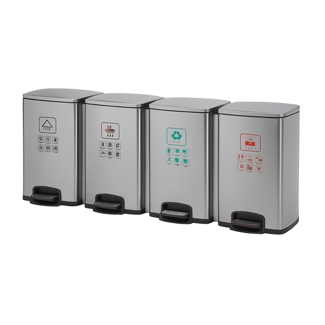 Commercial 4 - Compartment 80 - Litre Stainless Steel Pedal Waste Separation Bin - MaxBin