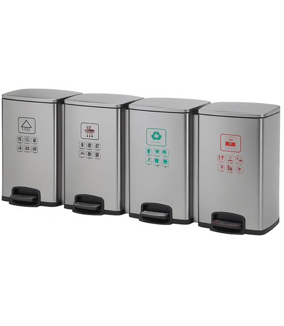 Commercial 4 - Compartment 80 - Litre Stainless Steel Pedal Waste Separation Bin - MaxBin