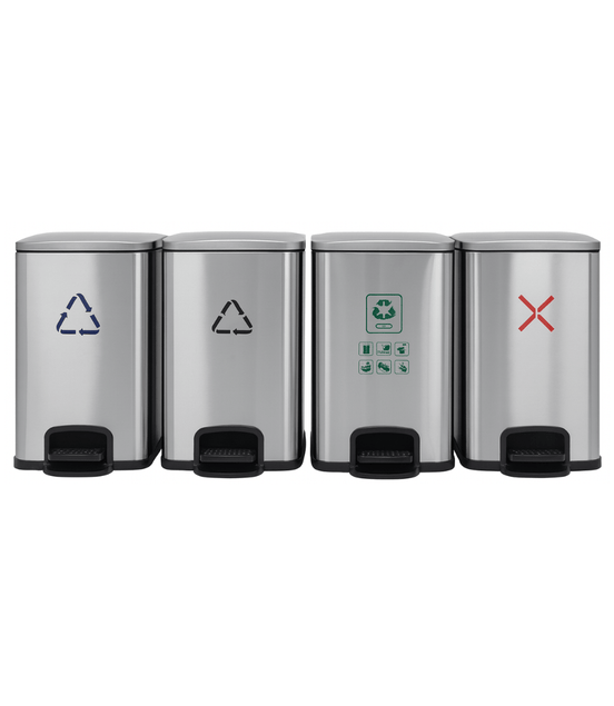 Commercial 4 - Compartment 80 - Litre Stainless Steel Pedal Waste Separation Bin - MaxBin