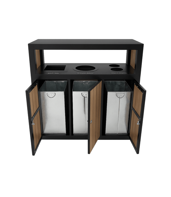 Outdoor WPC Wood Recycling Trash Bin – 3 Compartment Public Park & Garden Waste Container - MaxBin
