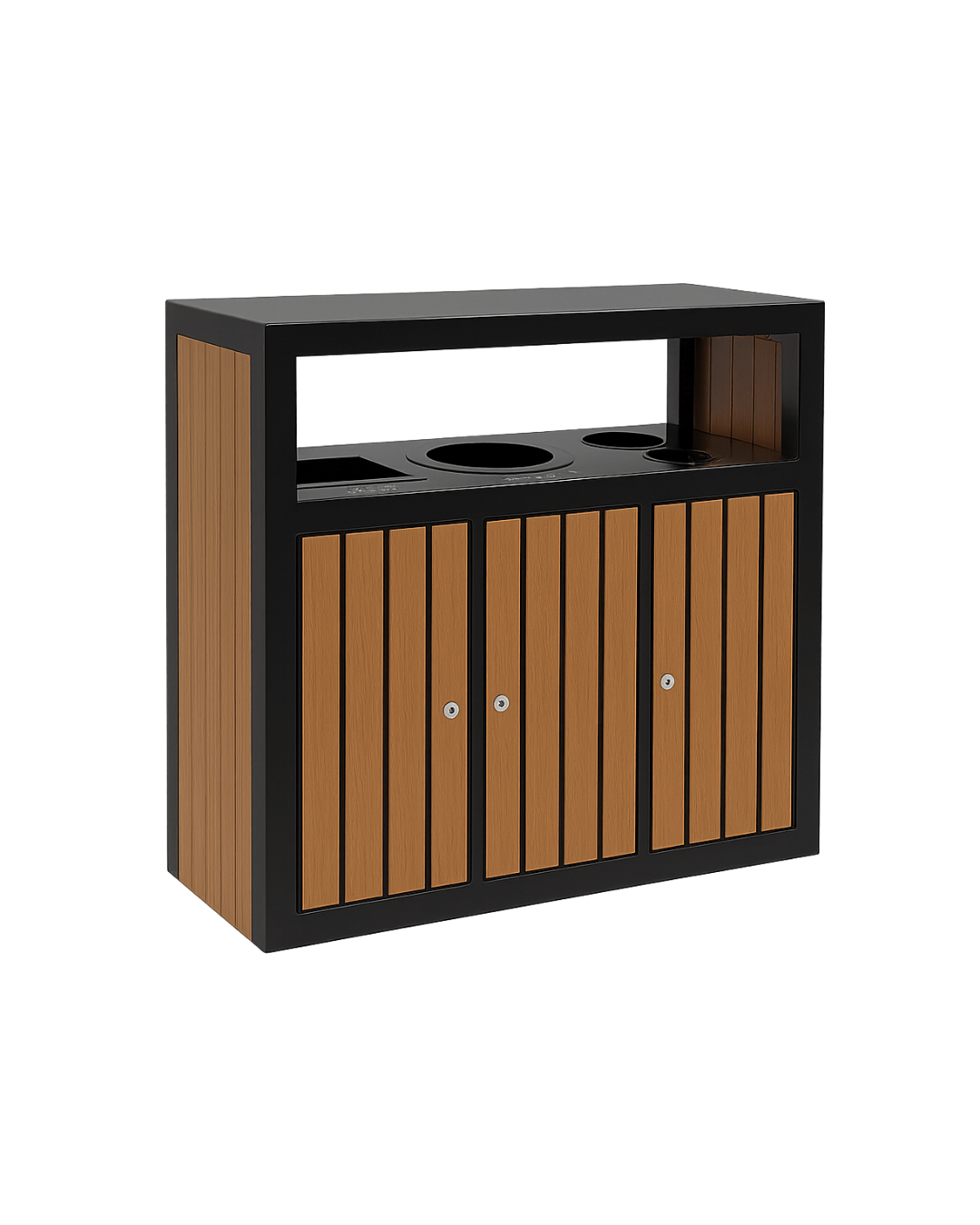 Outdoor WPC Wood Recycling Trash Bin – 3 Compartment Public Park & Garden Waste Container - MaxBin