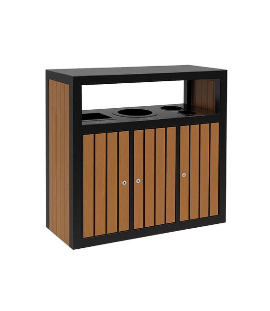 Outdoor WPC Wood Recycling Trash Bin – 3 Compartment Public Park & Garden Waste Container - MaxBin