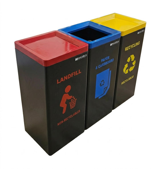 3-Colour Recycling Station – Durable Steel Waste Separation Bins